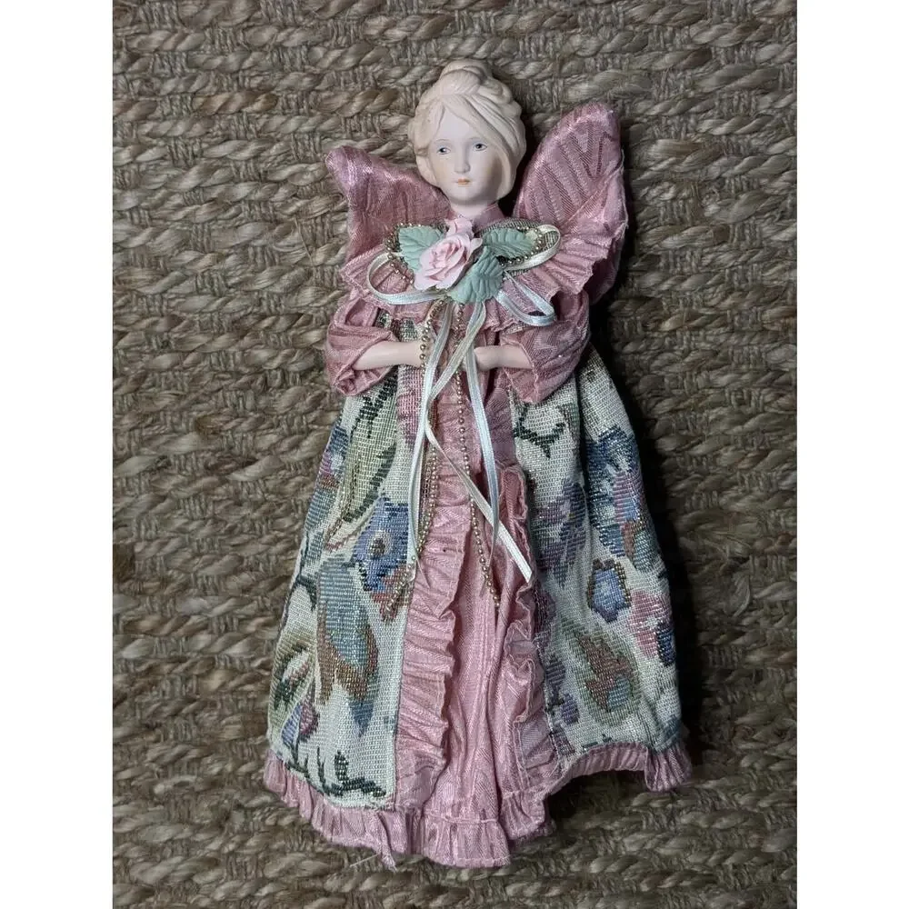 Vintage Pink Floral Christmas Angel Tree Topper Porcelain Beaded Holiday Decor